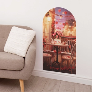 Romantic 3D arch wall sticker with sunset terrace, roses and heart balloon decor