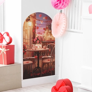 Romantic arch wall sticker featuring a cafe scene with roses and heart lighting decor