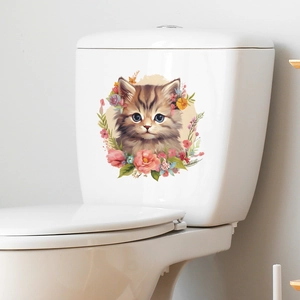 Detail of waterproof cat and flower wall sticker applied to white bathroom toilet tank