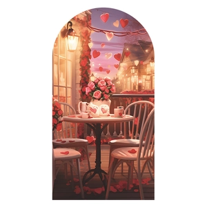 Romantic floral arch wall sticker featuring pink roses and cafe scene for bedroom decor