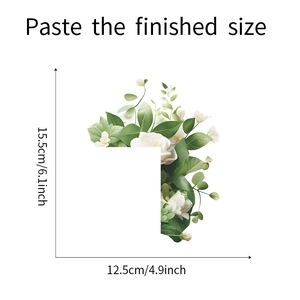 Detail showing L-shaped green leaves and white flowers wall sticker with size dimensions