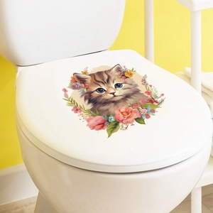 Cute watercolor cat and floral pattern toilet lid sticker for home bathroom decoration