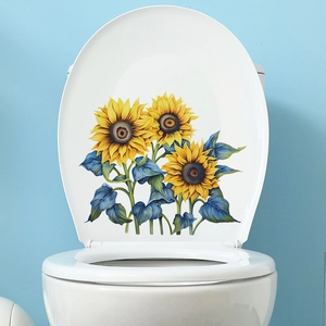 Sunflower toilet seat sticker with yellow flowers and green leaves on white ceramic cover
