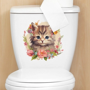 Cute long-haired cat and colorful flowers waterproof wall sticker for bathroom toilet tank