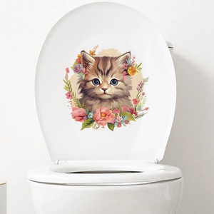 Cute Cartoon Cat Flower Toilet Sticker Waterproof PVC Bathroom Decoration Wall Decal For Restroom Home Decor Ornament