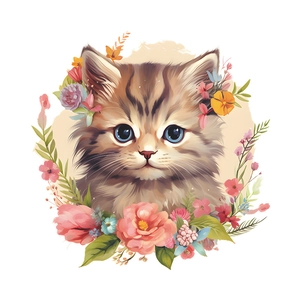Cute cartoon cat sticker with vibrant colorful flowers and green plants for bathroom decor