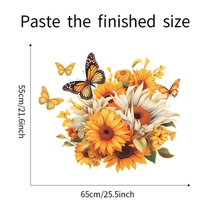 Detailed dimensions of sunflower and butterfly wall decals measuring 65cm by 55cm