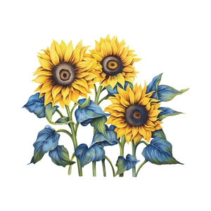 Artistic sunflower wall decal with vibrant yellow petals and blue-green leaves on white
