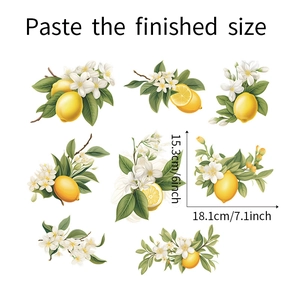 Detail showing lemon and white flower wall stickers with precise size measurements