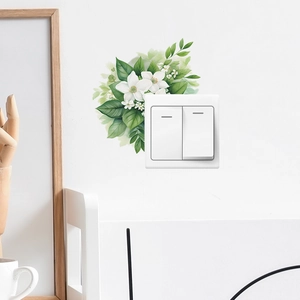 Floral wall sticker with white flowers and green leaves for light switch decoration