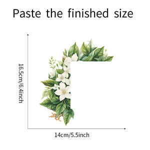 Detailed view of green leaf and white flower wall stickers with 16.5x14cm size guide