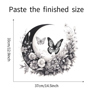 Dimensions détaillées du sticker mural avec croissant de lune et fleurs de papillon