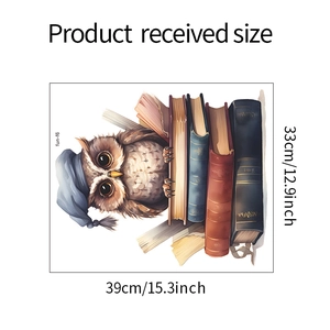 Detailed dimensions of cartoon owl reading books wall sticker, 39cm x 33cm size layout