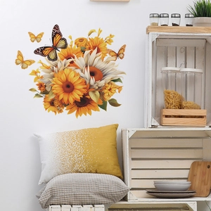 Vibrant sunflower and butterfly wall stickers for living room home decor background