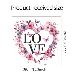 Floral heart LOVE wall sticker showing 39cm by 39cm product dimensions on white background