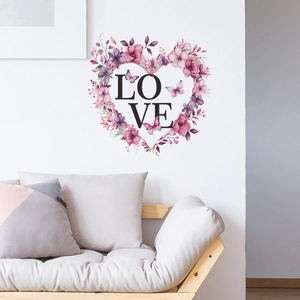 Floral heart wall sticker with LOVE lettering and butterflies for living room decor