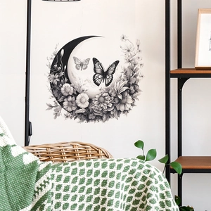 Sticker mural artistique lune fleurs et papillons pour décoration de chambre bohème
