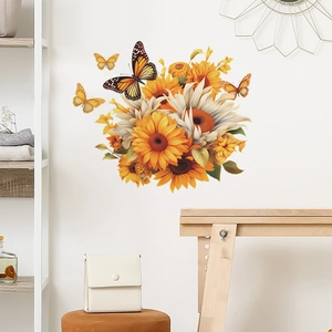 Sunflower Butterfly Wall Stickers Colorful Floral Removable PVC Art Mural For Living Room Bedroom Home Background Decoration
