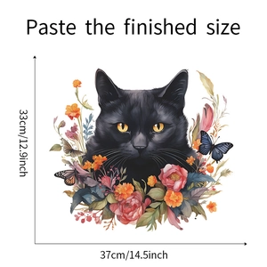 Cartoon black cat wall sticker with colorful flowers and butterfly, size 33x37cm