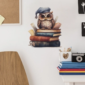 Cartoon owl with sleeping hat on colorful books wall sticker for kids bedroom decor