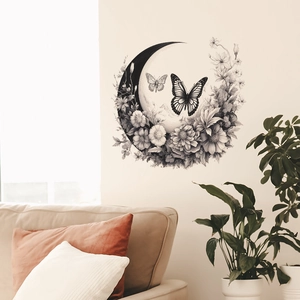 Sticker mural lune fleurie et papillon style croquis à la main pour décor de salon