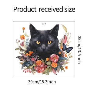 Detailed view of black cat wall sticker with colorful flowers measuring 39cm by 35cm