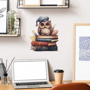 Detailed wall sticker featuring a cute owl in a blue hat sitting on stacked books decor