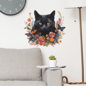 Black cat wall sticker with roses and butterflies for modern living room decor