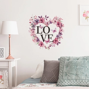 Floral heart wall sticker with LOVE text and butterflies for bedroom home decor