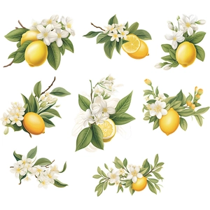 Fresh lemon and white flower wall stickers with green leaves for home wall decoration