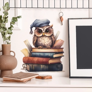 Cartoon owl sitting on stacked books wall sticker for children's bedroom decor