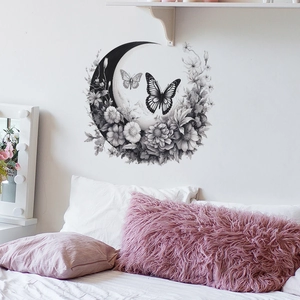 Sticker mural croissant de lune fleuri et papillons style dessin monochrome pour chambre