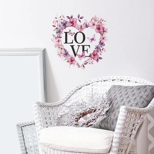 Valentine Day LOVE Heart Floral Wreath Wall Sticker PVC Waterproof Flower Butterfly Mural Decal For Bedroom Home Decor