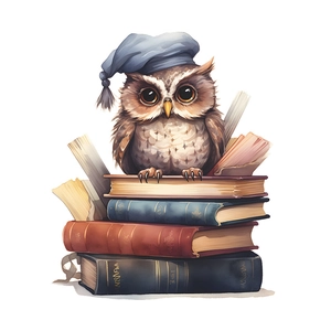 Cartoon owl with blue hat sitting on books wall sticker for children's bedroom decor