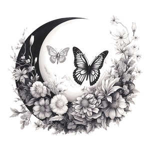 Sticker mural croissant de lune avec couronne de fleurs et papillons décoratifs noirs