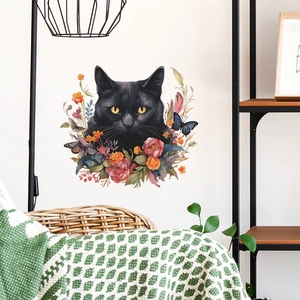 Charming black cat and colorful flower wall decal for bedroom or living room decoration