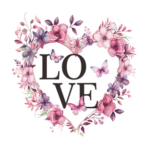 Romantic floral LOVE heart wall sticker with pink roses and butterflies for bedroom decor