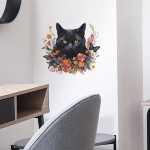 Artistic wall sticker featuring a black cat with vibrant flowers for home decoration