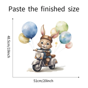 Detailed dimensions of cartoon rabbit riding scooter wall sticker with colorful balloons