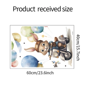 Cartoon rabbit on scooter wall decal with balloons, 60x40cm sheet dimensions