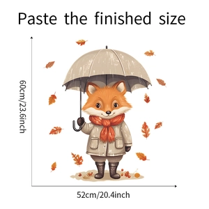 Detail view of fox with umbrella wall sticker showing dimensions 60cm by 52cm