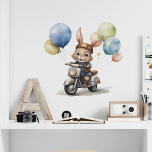 Cartoon Bunny Riding Motorcycle With Balloons Wall Sticker PVC Waterproof Watercolor Animal Decal For Kids Nursery Decor