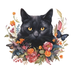 Artistic wall sticker featuring a black cat with yellow eyes surrounded by floral patterns