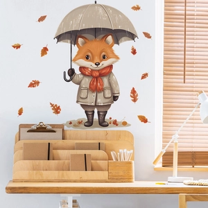 Close-up of cute cartoon fox in raincoat wall decals for cozy autumn home decor