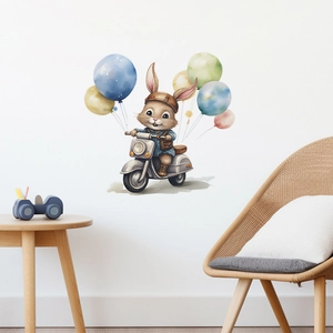 Cartoon bunny on scooter with colorful balloons wall decal for nursery room decor