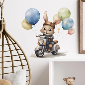 Cartoon rabbit riding scooter with colorful balloons wall decal for nursery decoration