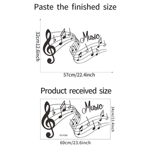 Detailed dimension layout for Music Notes wall sticker with product size specifications