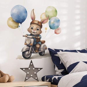 Cartoon bunny on motorcycle with colorful balloons wall decal for kids nursery room decor