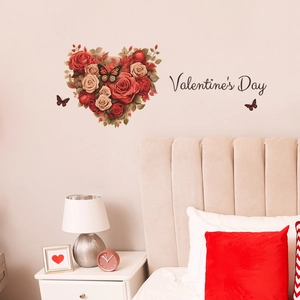 Lifestyle shot of heart-shaped rose wall stickers and butterfly decals above a cozy bed