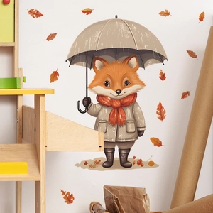 Cartoon fox with umbrella and maple leaves wall decal for bedroom home decoration